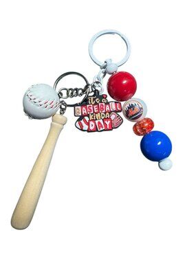 New York Mets Baseball Keychain With Mini Bat Ball & Beads Red/Blue/White Theme
